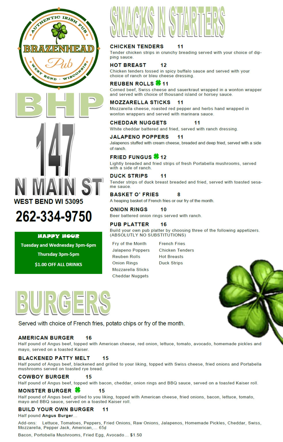 West Bend 1/2 price appetizers. Brazen Head Pub features Irish food